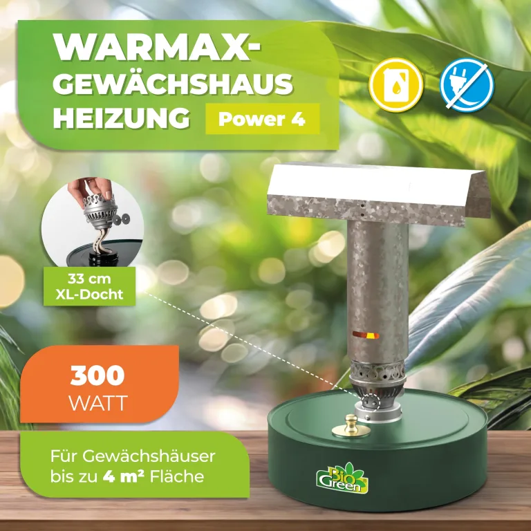 BioGreen Paraffin-Gewächshaus-Heizung WARMAX POWER 4 | max. 300 Watt Heizleistung | für Gewächshäuser bis 4 m² | bis zu 7 Tage Brenndauer/Füllung – Bild 2