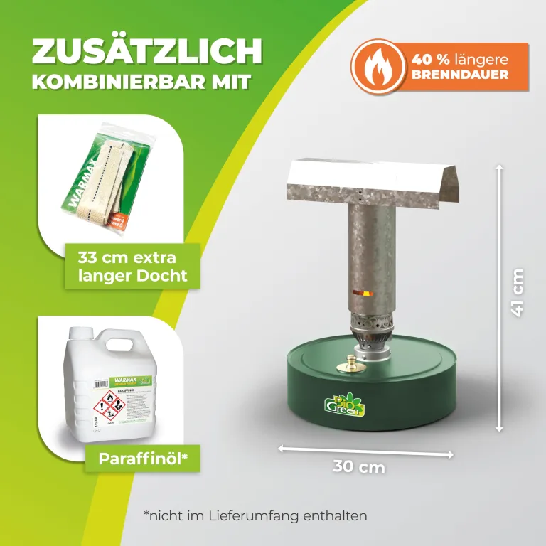 BioGreen Paraffin-Gewächshaus-Heizung WARMAX POWER 4 | max. 300 Watt Heizleistung | für Gewächshäuser bis 4 m² | bis zu 7 Tage Brenndauer/Füllung – Bild 5