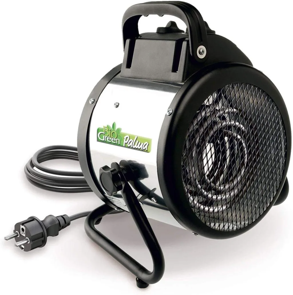 BioGreen Elektro-Gewächshausheizung Palma mit manuellem Thermostat | IPX4 spritzwassergeschützt, energiesparend | 163 m³/h Luftumwälzung | 2000 Watt