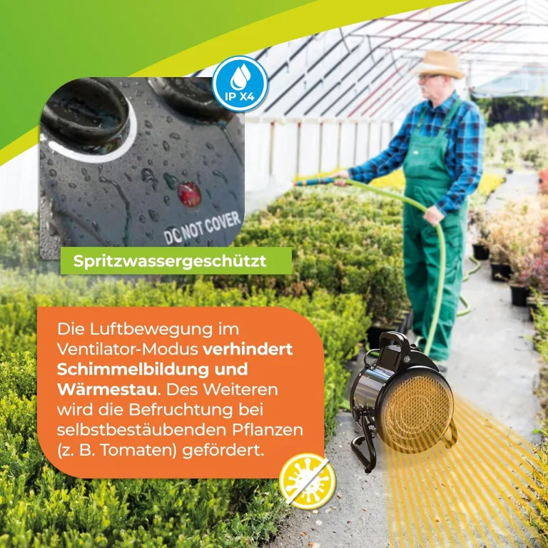 BioGreen Elektro-Gewächshausheizung Palma mit manuellem Thermostat | IPX4 spritzwassergeschützt, energiesparend | 163 m³/h Luftumwälzung | 2000 Watt – Bild 6
