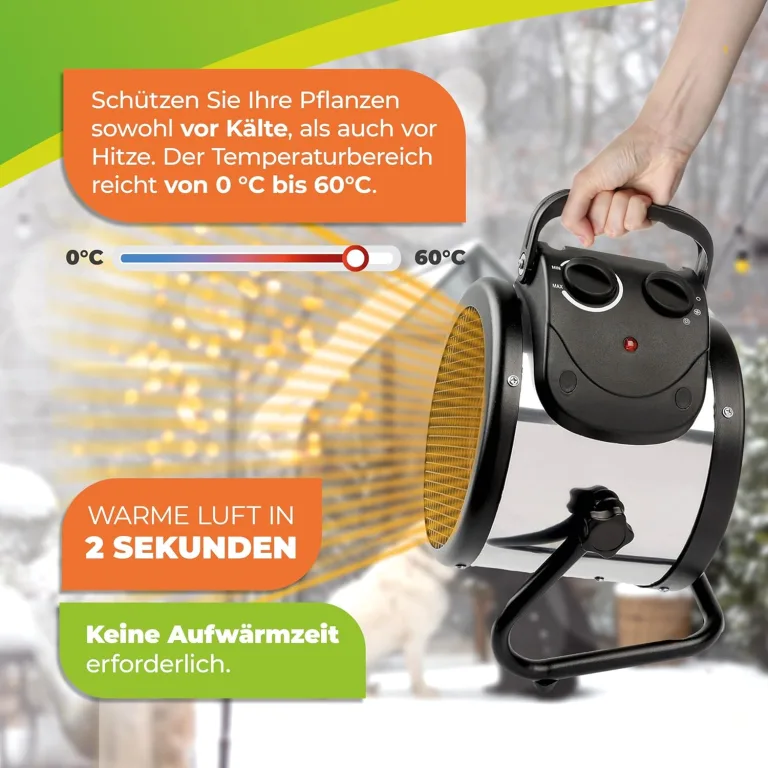 BioGreen Elektro-Gewächshausheizung Palma mit manuellem Thermostat | IPX4 spritzwassergeschützt, energiesparend | 163 m³/h Luftumwälzung | 2000 Watt – Bild 8
