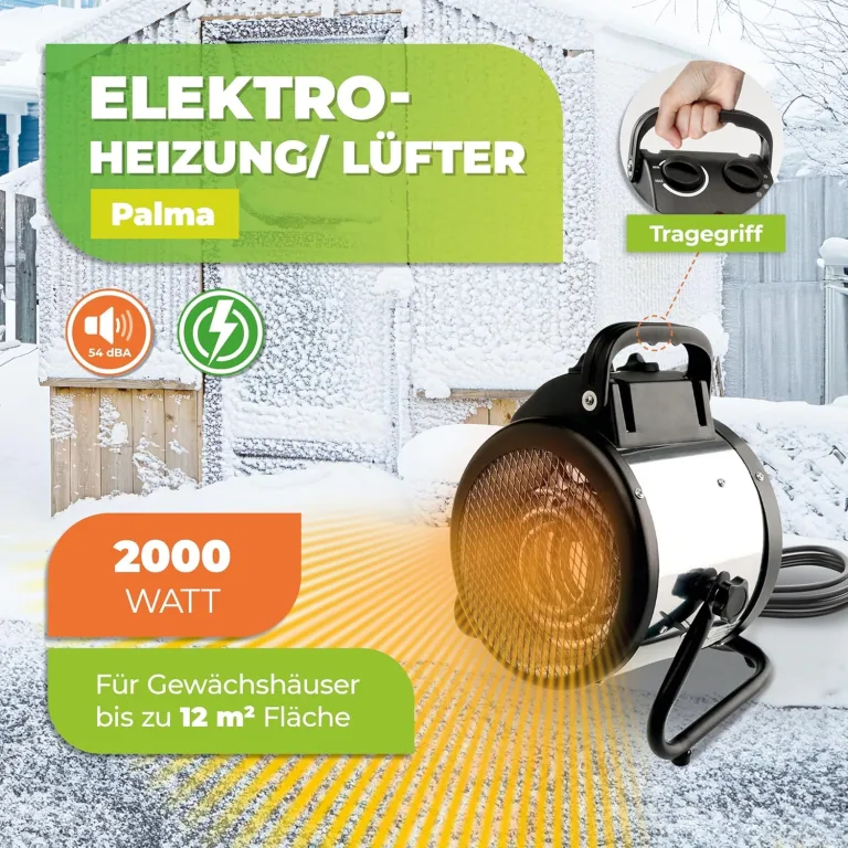 BioGreen Elektro-Gewächshausheizung Palma mit manuellem Thermostat | IPX4 spritzwassergeschützt, energiesparend | 163 m³/h Luftumwälzung | 2000 Watt – Bild 4