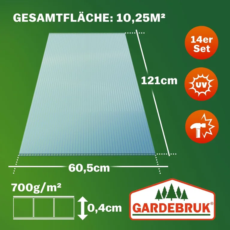 GARDEBRUK® 14x Doppelstegplatten 4mm Zuschneidbar 121x60,5cm Polycarbonat 10,3m² UV-beständig Klar Hohlkammerplatten Gewächshaus Platten Stegplatten – Bild 7