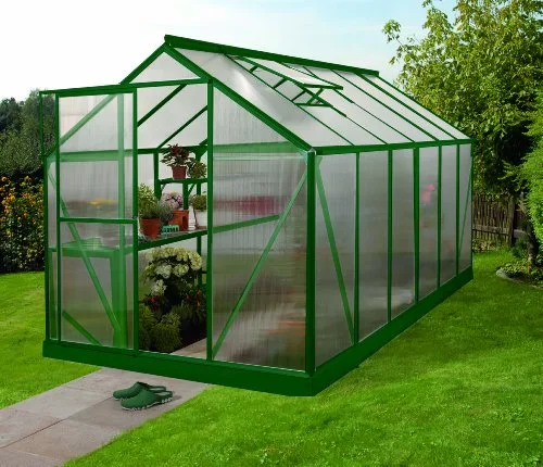 Gartenwelt Riegelsberger Gewächshaus Triton - Ausführung: 7500 HKP 6 mm dunkelgrün, Fläche: ca. 7,5 m², mit 2 Dachfenster, Sockel: 1,90 x 3,77 m – Bild 2
