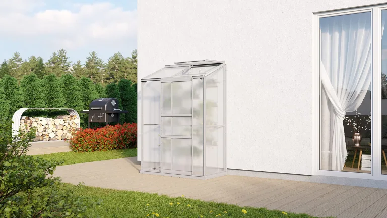 Anlehngewächshaus Ida 900 HKP 4 mm Alu Fläche 0,9 m² mit 1 Dachfenster Sockelmaß 0,65 x 1,30 m – Bild 2