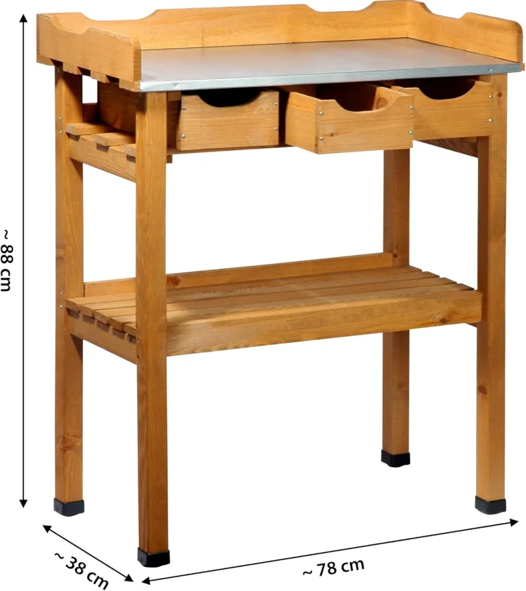 dobar® 29030e Pflanztisch mit 3 Schubladen | Gärtnertisch mit Ablageboden | Umtopftisch Kiefernholz | Blumentisch Massivholz | Gartentisch Outdoor | Verzinkte Arbeitsplatte | 80 x 40 x 90 cm | Braun – Bild 2