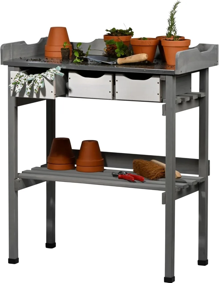 dobar® 29030e Pflanztisch mit 3 Schubladen | Gärtnertisch mit Ablageboden | Umtopftisch Kiefernholz | Blumentisch Massivholz | Gartentisch Outdoor | Verzinkte Arbeitsplatte | 80 x 40 x 90 cm | Braun – Bild 8