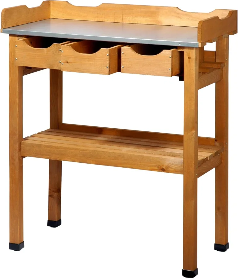 dobar® 29030e Pflanztisch mit 3 Schubladen | Gärtnertisch mit Ablageboden | Umtopftisch Kiefernholz | Blumentisch Massivholz | Gartentisch Outdoor | Verzinkte Arbeitsplatte | 80 x 40 x 90 cm | Braun – Bild 1