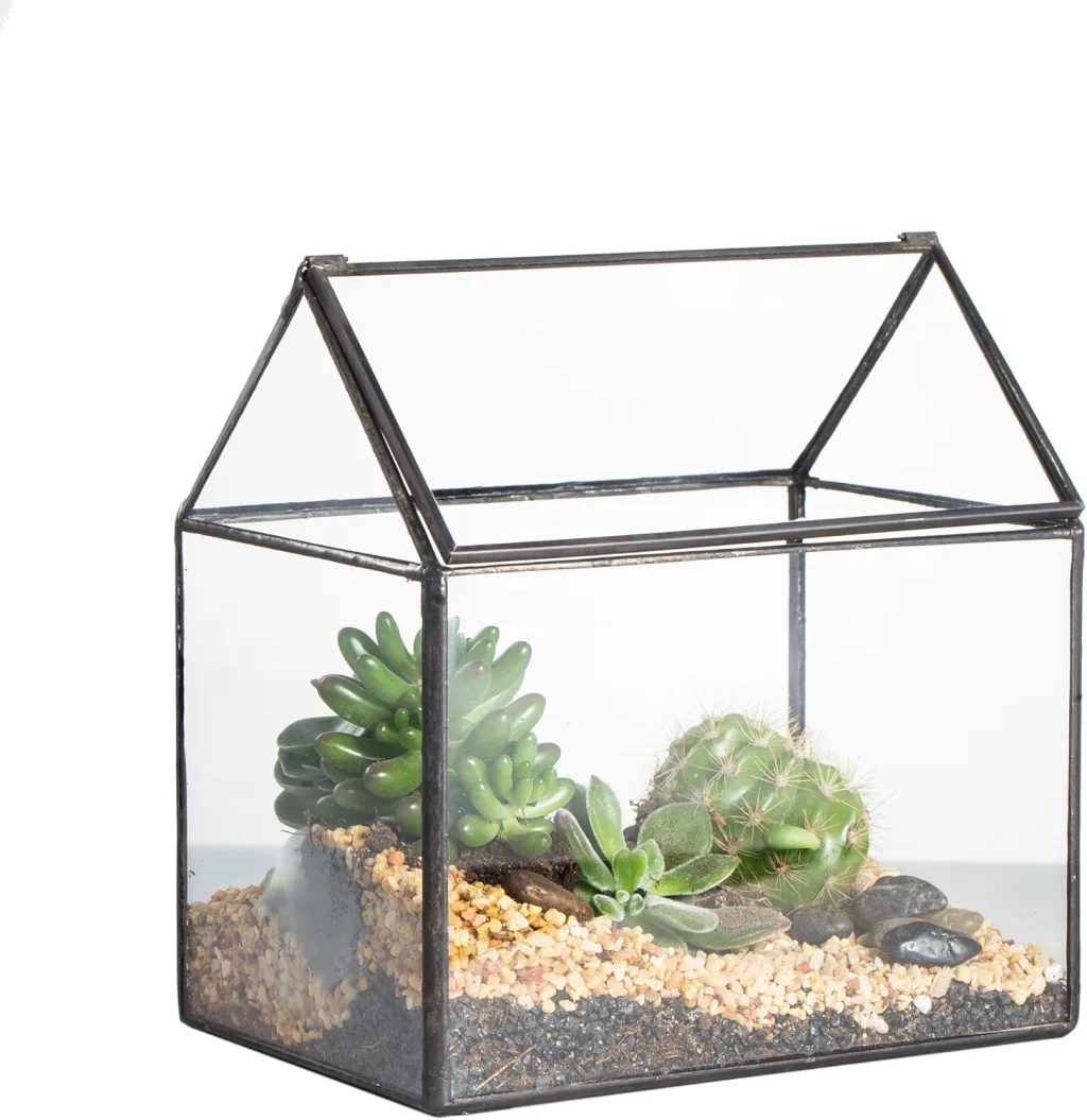 NCYP 15,5x11x16 cm Kleines Geometrisches Terrarium, Haus-Form, Glas, schließbar, Gewächshäuschen für Sukkulenten Moos Farn, mit Klappdeckel (ohne Pflanzen)