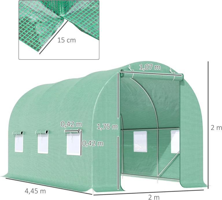 Outsunny Gewächshaus 445x200x200cm Foliengewächshaus Tomatenhaus mit Tür, 6 Fenster, Folientunnel aus verzinktem Stahl, PE, stabiles Treibhaus Pflanztunnel, inkl. Erdanker & Seilen, Grün – Bild 7