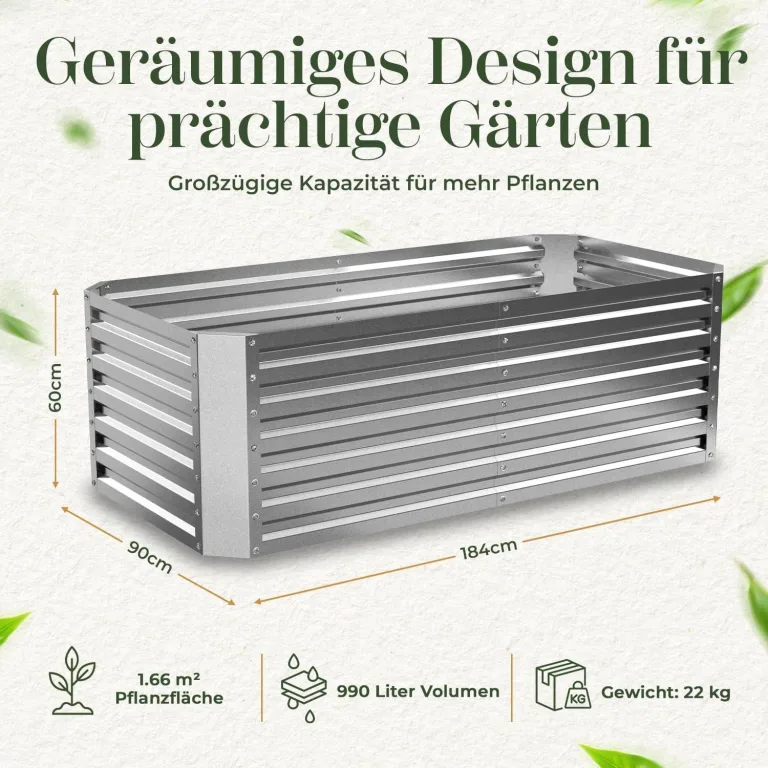 Gabiona | Hochbeet Metall verzinkt 184x90x60 cm – Großes Hochbeet für Garten, Gemüse, Kräuter & Blumen – Wetterfest, rostfrei, stabil – 990 L Volumen – Pflanzkasten rechteckig – Bild 3