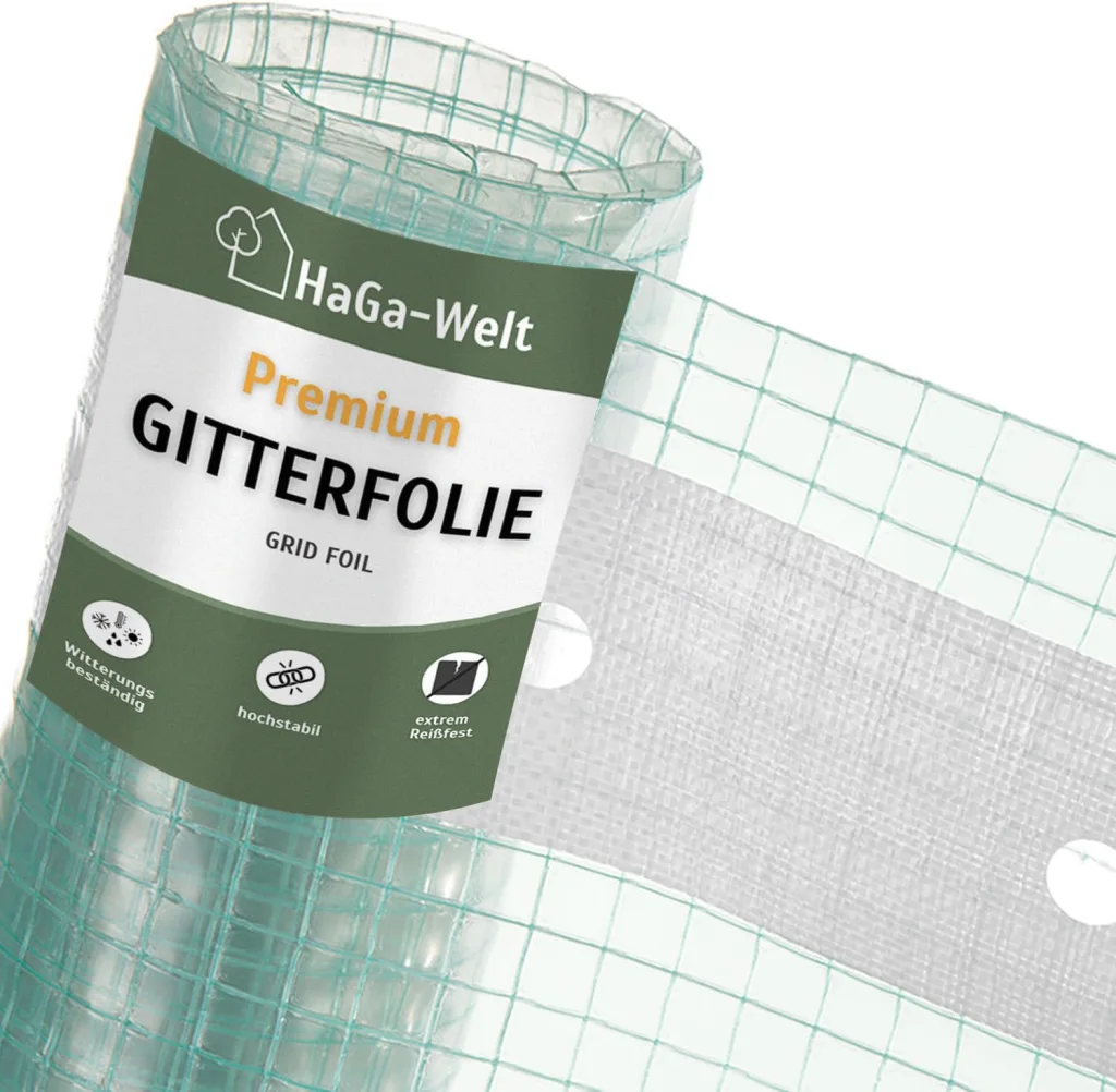 HaGa Gitterfolie 4m Breite in transparent – Extrastarke Folie für Gewächshaus klein & groß – als Gewächshausfolie & Winterschutz (Meterware)