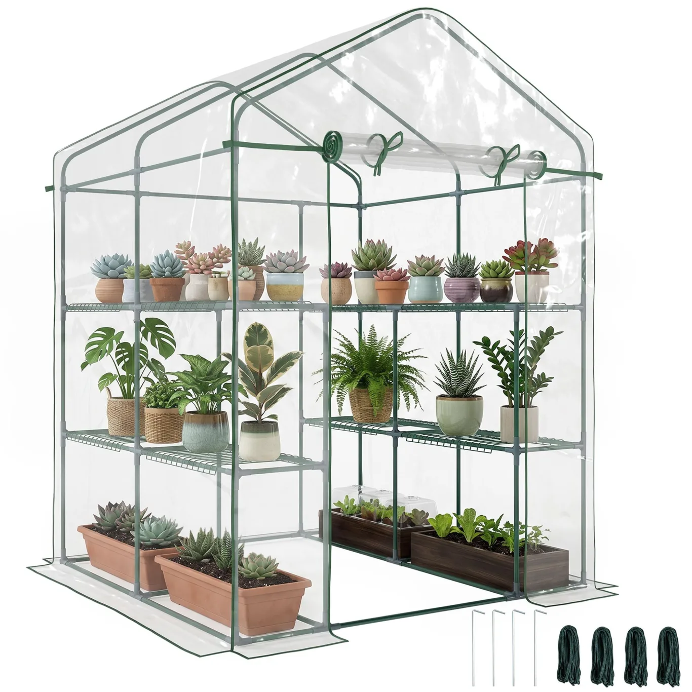 Outsunny Foliengewächshaus begehbares Gartenhäuschen Tomatengewächshaus Treibhaus Frühbeet mit 6 Regalen Transparent Stahl PVC-Kunststoff 143 x 143 x 195 cm - Bild 1