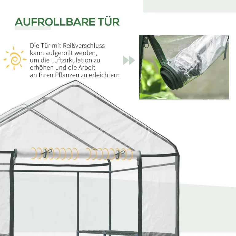 Outsunny Foliengewächshaus begehbares Gartenhäuschen Tomatengewächshaus Treibhaus Frühbeet mit 6 Regalen Transparent Stahl PVC-Kunststoff 143 x 143 x 195 cm – Bild 5