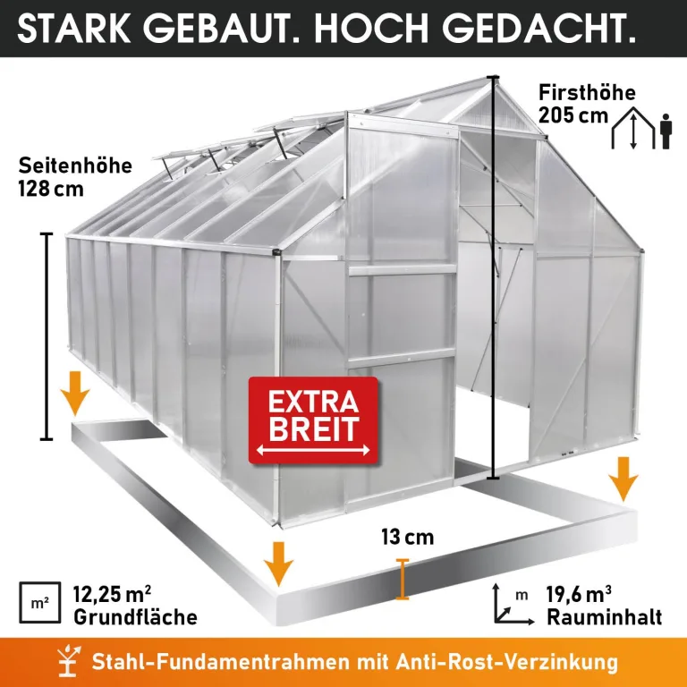 BRAST Gewächshaus Aluminium mit Fundament | 42 Modelle | 130x190x195cm - 490x250x235cm | TÜV geprüft | 6mm Hohlkammerplatten | rostfrei wetterfest temperaturbeständig | 490x250x205cm Silber – Bild 5