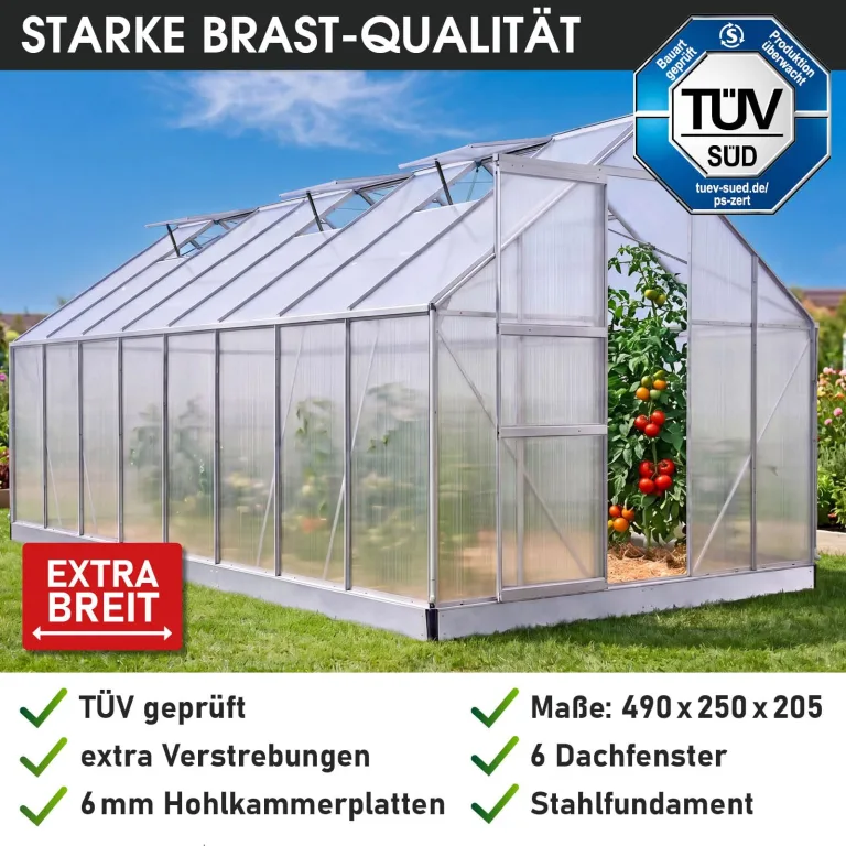 BRAST Gewächshaus Aluminium mit Fundament | 42 Modelle | 130x190x195cm - 490x250x235cm | TÜV geprüft | 6mm Hohlkammerplatten | rostfrei wetterfest temperaturbeständig | 490x250x205cm Silber – Bild 7