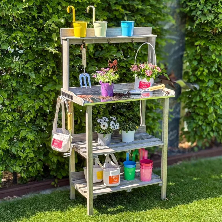 UNUS Pflanztisch aus Holz mit Zink-Arbeitsplatte, 78x36x131 cm, Pflanzregal in Grau für Balkon, Terrasse & Garten, Gartentisch mit Ablagen – Bild 6
