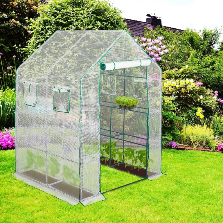 Relaxdays Gewächshaus, HBT 190 x 140 x 140 cm, Regale mit 8 Ablagen, Treibhausfolie, begehbares Tomatenhaus, transparent – Bild 2