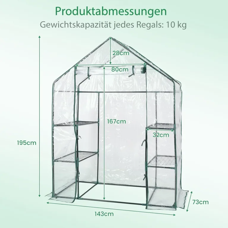 COSTWAY Gewächshaus Foliengewächshaus, Treibhaus mit 2 Pflanzenständern & aufrollbaren Tür, Tomatenhaus Tomaten, Pflanzenhaus mit PE Gitterfolie, 143x73x195cm, Weiß und transparent – Bild 7