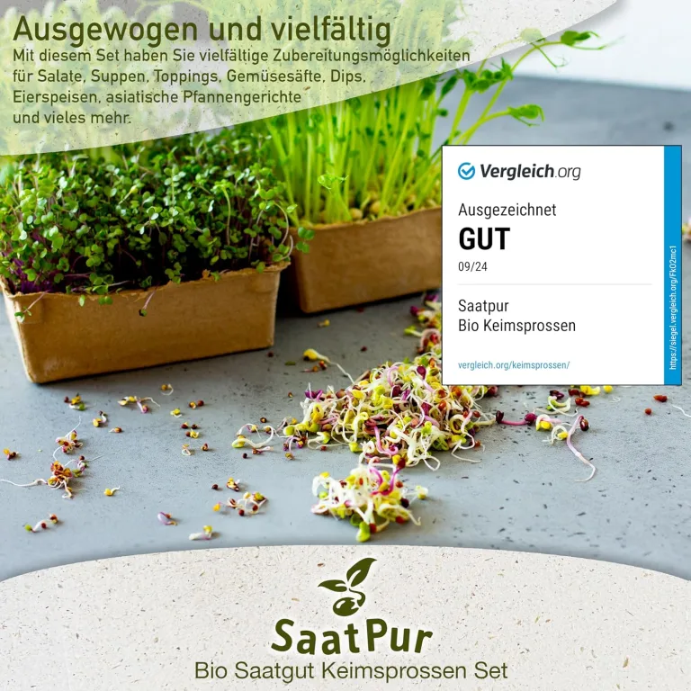 SaatPur Bio Sprossen Samen Set (12 Sorten) Weizen, Sonnenblumen, Zwiebeln, Linsen, Kresse, Alfalfa, Brokkoli, Rauke, Daikon Rettich, Mung Bohnen, Radies Red Rubin, Erbsen. – Bild 2
