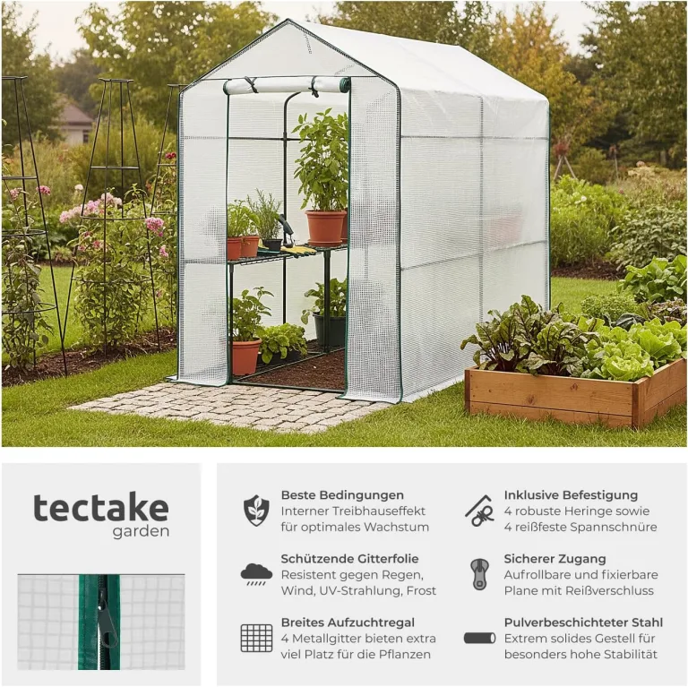 tectake® Gewächshaus mit UV-beständiger PE-Gitterfolie und 4 Metallablagegittern, 186 x 120 x 190 cm, Anzucht Gewächshaus für Tomaten & Pflanzen, Foliengewächshaus schützt vor Kälte, Regen und Frost – Bild 3