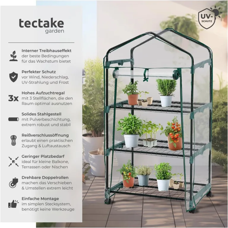 tectake® Mobiles Foliengewächshaus mit 3 Ablagen, Gewächshaus auf Rollen, stabil, UV stabilisierte PVC Folie, schützt Pflanzen vor Kälte, Regen und Frost, für Balkon, Garten Terrasse, 69 x 49 x 133 cm – Bild 2