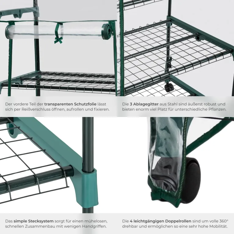 tectake® Mobiles Foliengewächshaus mit 3 Ablagen, Gewächshaus auf Rollen, stabil, UV stabilisierte PVC Folie, schützt Pflanzen vor Kälte, Regen und Frost, für Balkon, Garten Terrasse, 69 x 49 x 133 cm – Bild 4