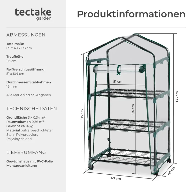 tectake® Mobiles Foliengewächshaus mit 3 Ablagen, Gewächshaus auf Rollen, stabil, UV stabilisierte PVC Folie, schützt Pflanzen vor Kälte, Regen und Frost, für Balkon, Garten Terrasse, 69 x 49 x 133 cm – Bild 6