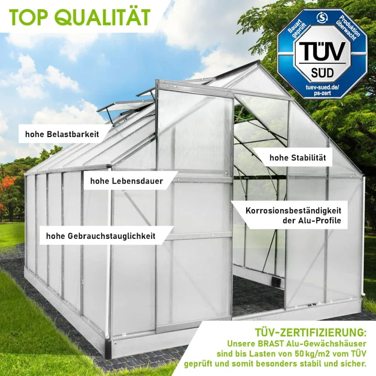 BRAST Gewächshaus Aluminium mit Fundament | 42 Modelle | 130x190x195cm - 490x250x235cm | TÜV geprüft | 6mm Hohlkammerplatten | rostfrei wetterfest temperaturbeständig | 310x250x205cm Silber – Bild 4