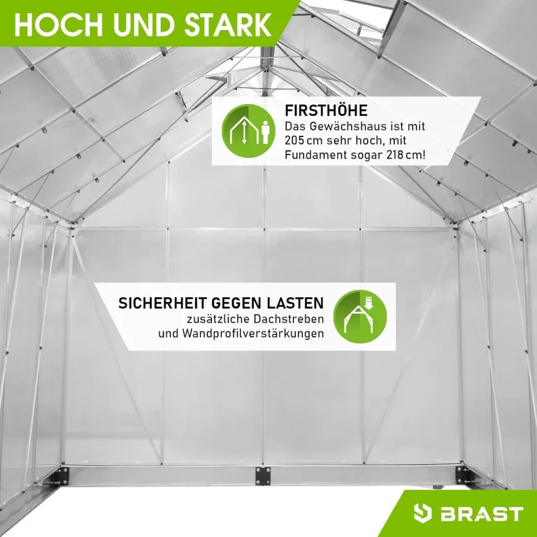 BRAST Gewächshaus Aluminium mit Fundament | 42 Modelle | 130x190x195cm - 490x250x235cm | TÜV geprüft | 6mm Hohlkammerplatten | rostfrei wetterfest temperaturbeständig | 310x250x205cm Silber – Bild 7