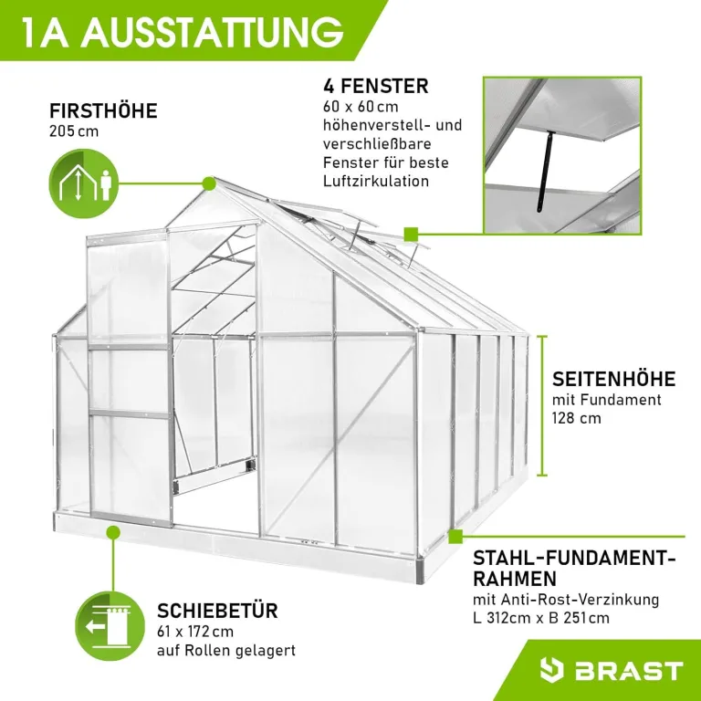 BRAST Gewächshaus Aluminium mit Fundament | 42 Modelle | 130x190x195cm - 490x250x235cm | TÜV geprüft | 6mm Hohlkammerplatten | rostfrei wetterfest temperaturbeständig | 310x250x205cm Silber – Bild 8