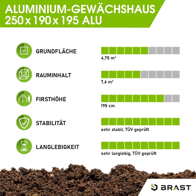 BRAST Gewächshaus Aluminium mit Fundament | 42 Modelle | 130x190x195cm - 490x250x235cm | TÜV geprüft | 6mm Hohlkammerplatten | rostfrei wetterfest temperaturbeständig | 250x190x195cm Silber – Bild 6