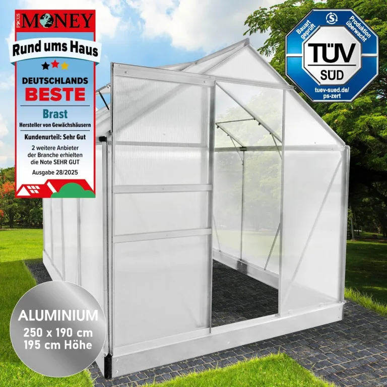 BRAST Gewächshaus Aluminium mit Fundament | 42 Modelle | 130x190x195cm - 490x250x235cm | TÜV geprüft | 6mm Hohlkammerplatten | rostfrei wetterfest temperaturbeständig | 250x190x195cm Silber – Bild 3