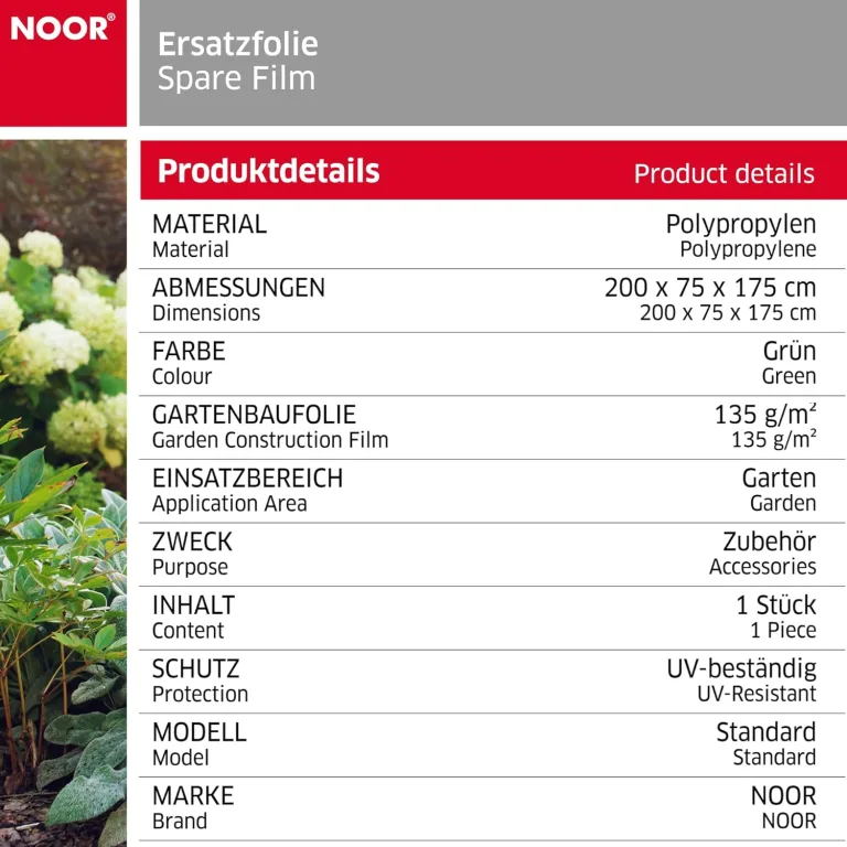NOOR Ersatzfolie für Tomaten-Gewächshaus Premium - UV-stabilisierte Gartenbaufolie 135 g/m² - ca. 200x75x175 cm – Bild 5