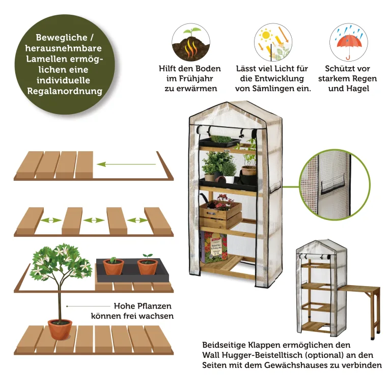 VegTrug® Gewächshaus - Foliengewächshaus mit 4 Ebenen & FSC-Holzrahmen - Anzuchthaus für Garten, Balkon & Terrasse - Pflanzregal mit PE-Abdeckung & Reißverschluss - Natural 71x49x158 cm – Bild 5