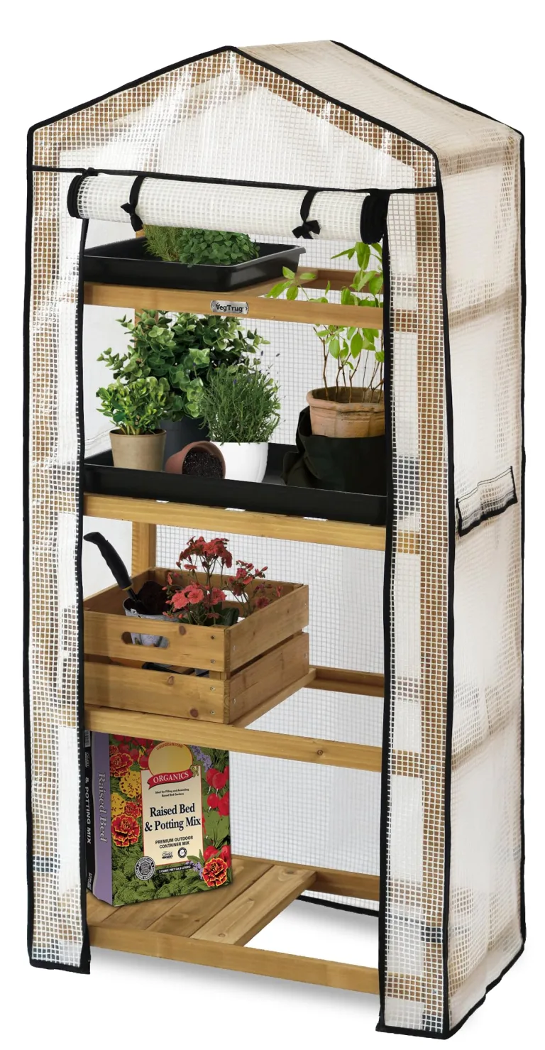 VegTrug® Gewächshaus - Foliengewächshaus mit 4 Ebenen & FSC-Holzrahmen - Anzuchthaus für Garten, Balkon & Terrasse - Pflanzregal mit PE-Abdeckung & Reißverschluss - Natural 71x49x158 cm – Bild 7