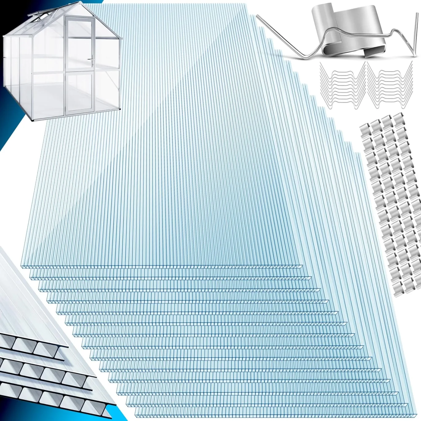 KESSER® 14x Polycarbonat Hohlkammerstegplatten 4mm | 10,25m² Doppelstegplatte - 60,5 x 121 | Stegplatten UV-beständig Für Gewächshaus Gartenbau Carports | 50xKlammern, 50xZ-Clips & 30xGewächshausclips - Bild 1