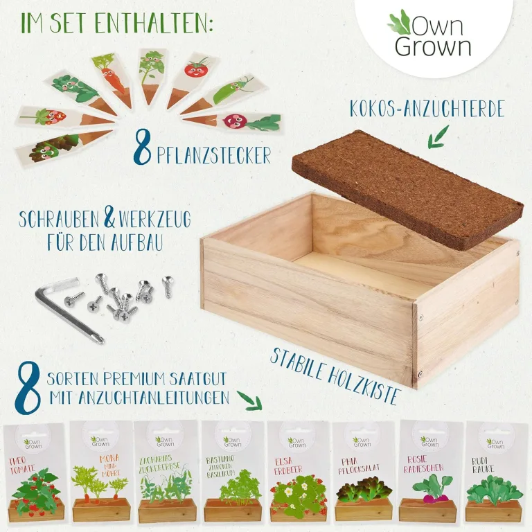 Saatgut Anzuchtset mit Holzkiste und 8 Sorten Pflanzen Samen: Kinder Anzuchtset Pflanzen mit Gemüse, Erdbeeren und Kräuter Samen – Mini Gewächshaus und Mini Garten Starter Kit von OwnGrown – Bild 3