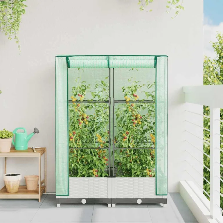 Hochbeet mit Gewächshaus Frühbeet 80x40x123 cm Rattan Optik für Garten Balkon, Stabiles PP Beet mit Eisenrahmen & Wasserdichter PE Abdeckung für Tomaten Gemüse Kräuter – Bild 2