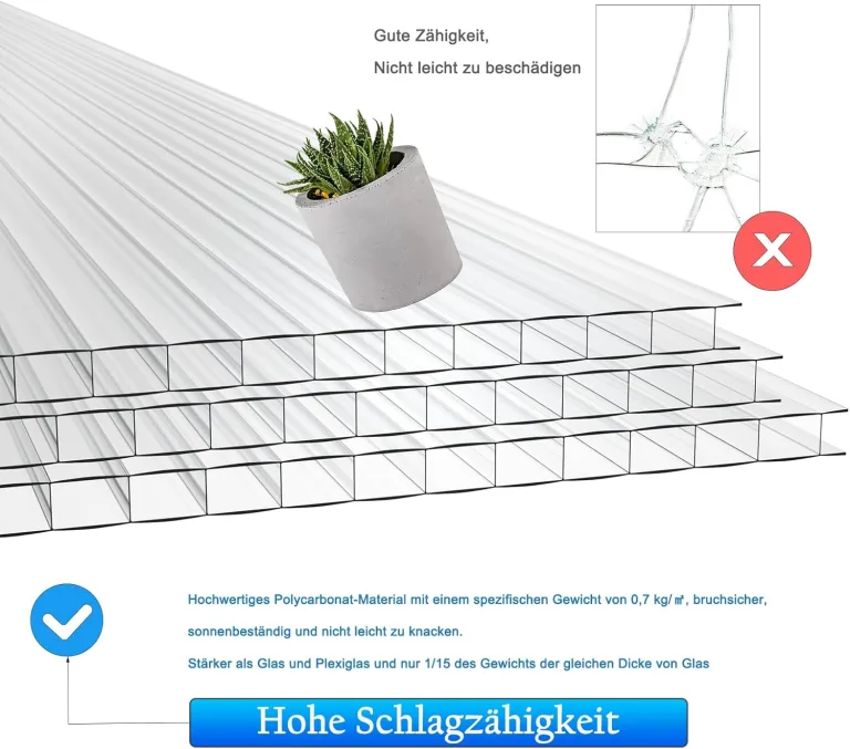HENGMEI 14x Polycarbonat Doppelstegplatten 4mm Hohlkammerstegplatten10,25 m² UV-beständigen Stegplatten für Gewächshaus, Garten Treibhaus - Transparent – Bild 4