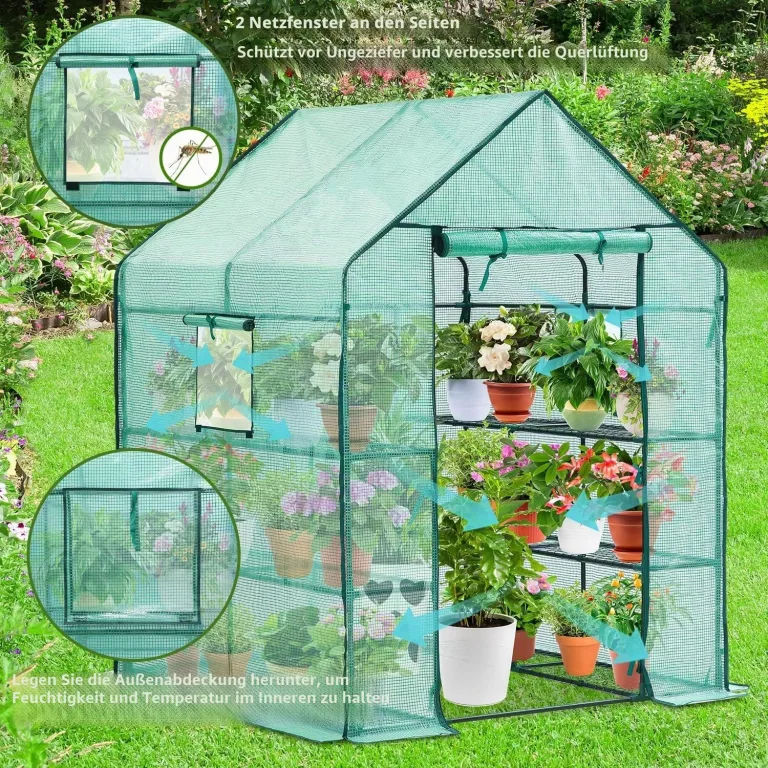 Ohuhu Gewächshaus Foliengewächshaus 3 Tiers 12 Regale | Winterfest & Stabil | Tomatengewächshaus für Pflanzen mit PE-Abdeckung | Tomatenhaus für Garten 145x145x195 cm Grün – Bild 2
