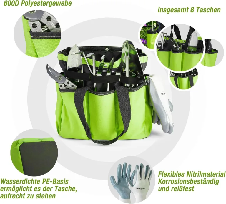 WORKPRO Gartenwerkzeug Set, 8 in 1 Gartengeräte mit Aufbewahrungstasche, aus Edelstahl, Gartenschaufel mit Holzgriff, Blumenschere, Gartenkralle, Handgrubber, Geschenk für Gärtnerinnen und Gärtner – Bild 9
