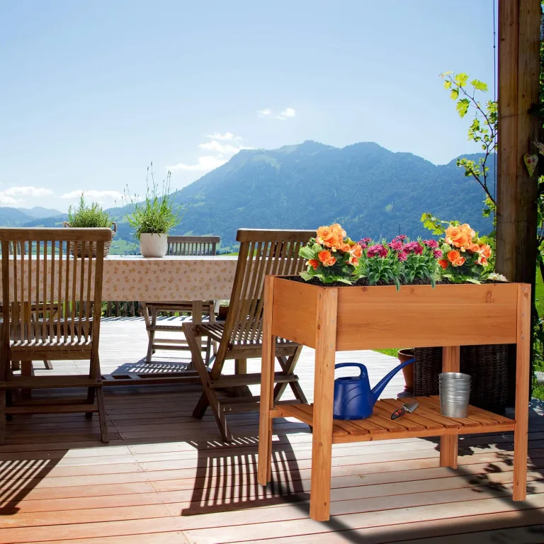 Relaxdays Hochbeet Holz, Ablagefach, Pflanzkasten Balkon, Terrasse, Garten, Kräuterbeet, HBT 80 x 88 x 43,5cm, hellbraun – Bild 2