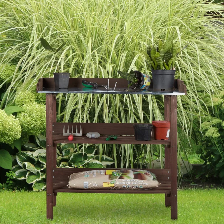 Relaxdays Pflanztisch, Gärtnertisch mit 3 Ebenen, Gewächshaus, Garten, Balkon & Terrasse, Holz, 86x92x42 cm, dunkelbraun – Bild 3