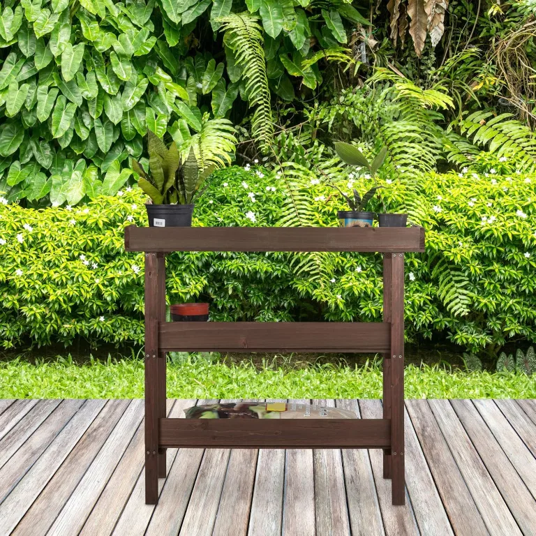 Relaxdays Pflanztisch, Gärtnertisch mit 3 Ebenen, Gewächshaus, Garten, Balkon & Terrasse, Holz, 86x92x42 cm, dunkelbraun – Bild 4