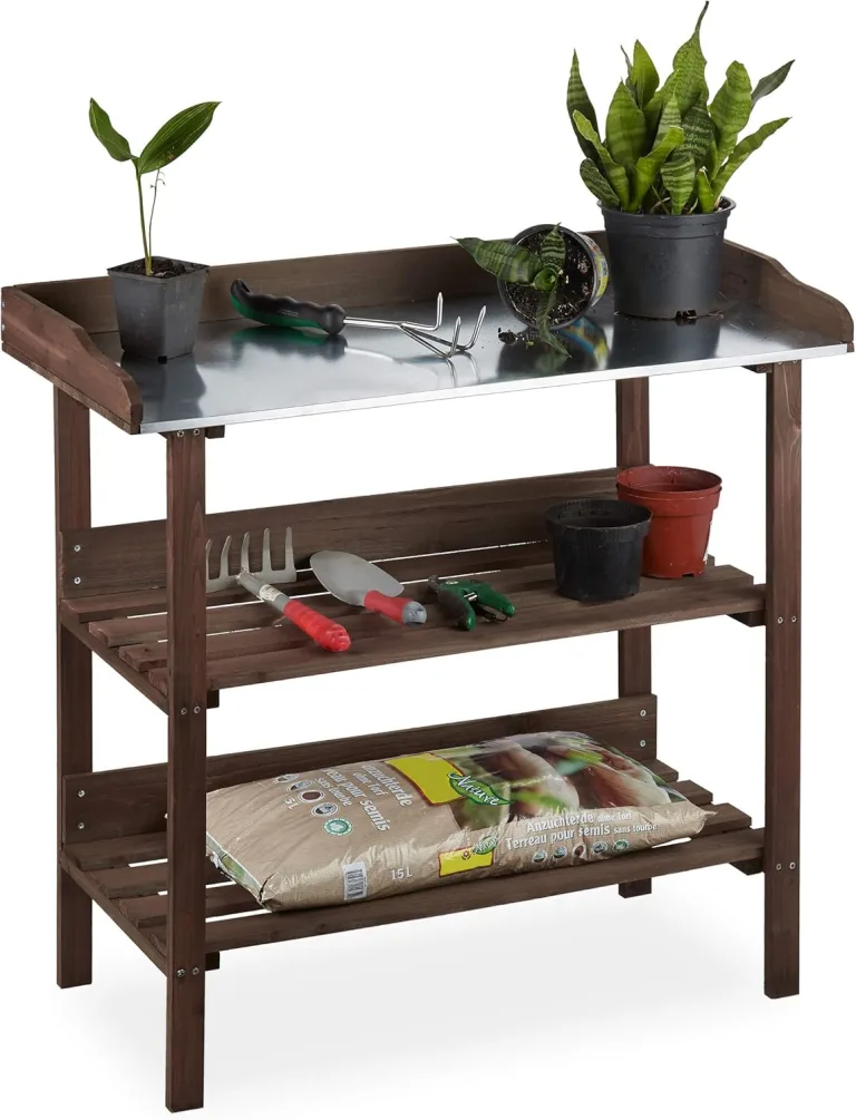 Relaxdays Pflanztisch, Gärtnertisch mit 3 Ebenen, Gewächshaus, Garten, Balkon & Terrasse, Holz, 86x92x42 cm, dunkelbraun – Bild 1