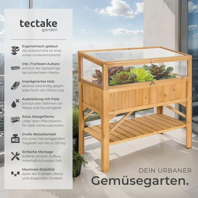 tectake® Frühbeet Aufsatz aus Holz, witterungsbeständig, Schutz vor Wind und Wetter, Frühbeetaufsatz mit funktionellen Hohlkammerplatten, 115 x 53 x 34 cm, kombinierbar Hochbeet 403232 – Bild 2