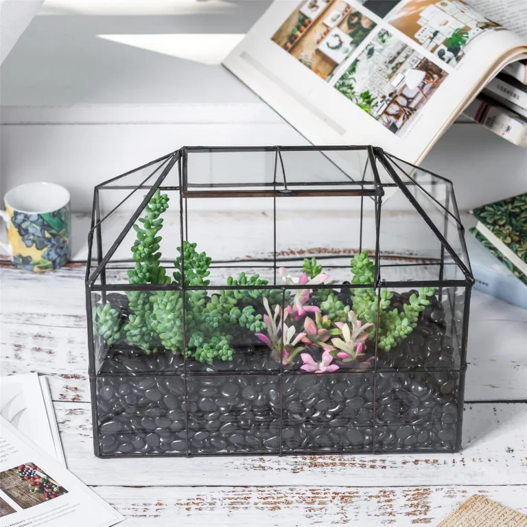 NCYP 25x13,5x20 cm Handmade Pflanzencontainer,Glas Geometrisch Pflanzen Terrarium, Schwarzes Gitter Haus-Form Gewächshaus Blumentopf, modernes Tischaufsatz (ohne Pflanzen) – Bild 7