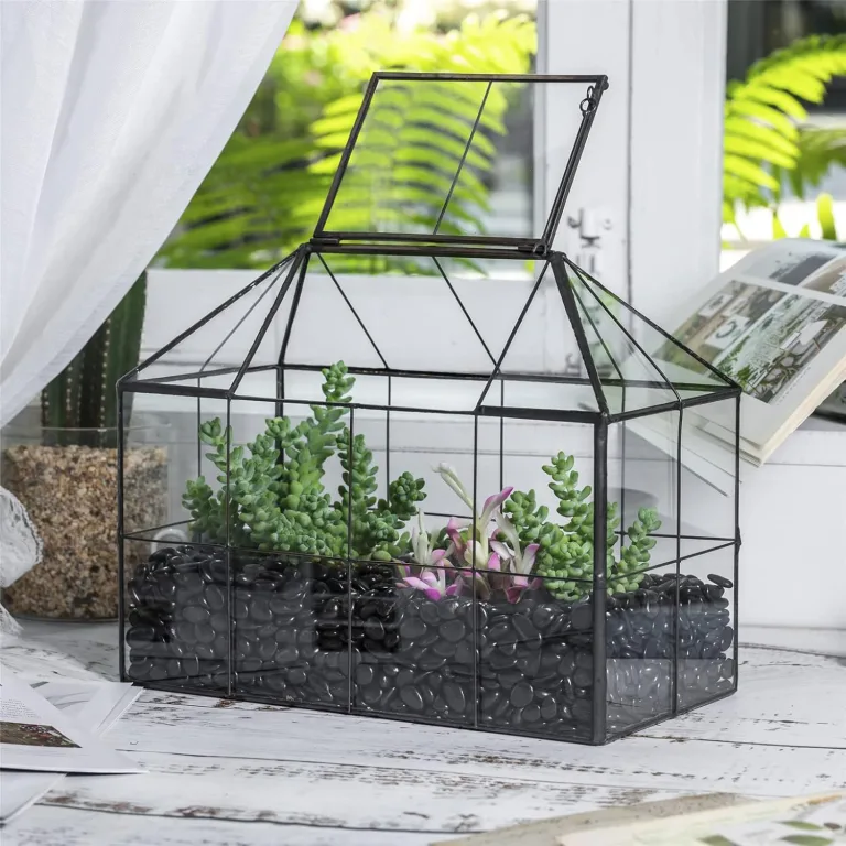 NCYP 25x13,5x20 cm Handmade Pflanzencontainer,Glas Geometrisch Pflanzen Terrarium, Schwarzes Gitter Haus-Form Gewächshaus Blumentopf, modernes Tischaufsatz (ohne Pflanzen) – Bild 4