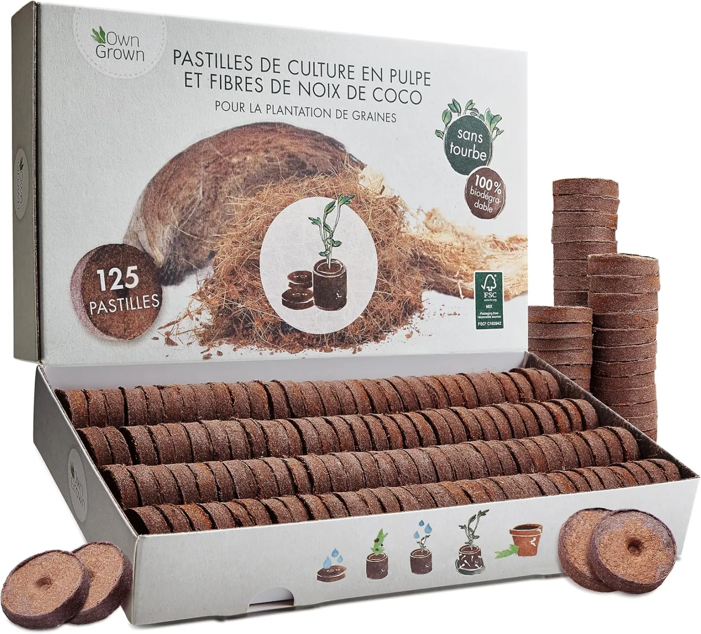 Kokos Quelltabletten mit Nährstoffen: 125 Premium Quelltabs aus Anzuchterde torffrei, ohne Pikieren – Kokoserde gepresst zur Pflanzen Anzucht, Erde, für Stecklinge – OwnGrown - Bild 1